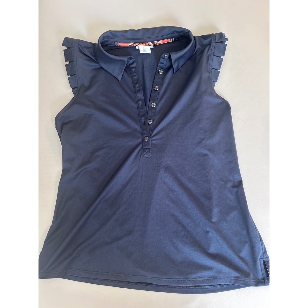 Sigrid Olsen Golf & Tennis Top Women Large Navy Blue Ruffle Sleeveless Polo